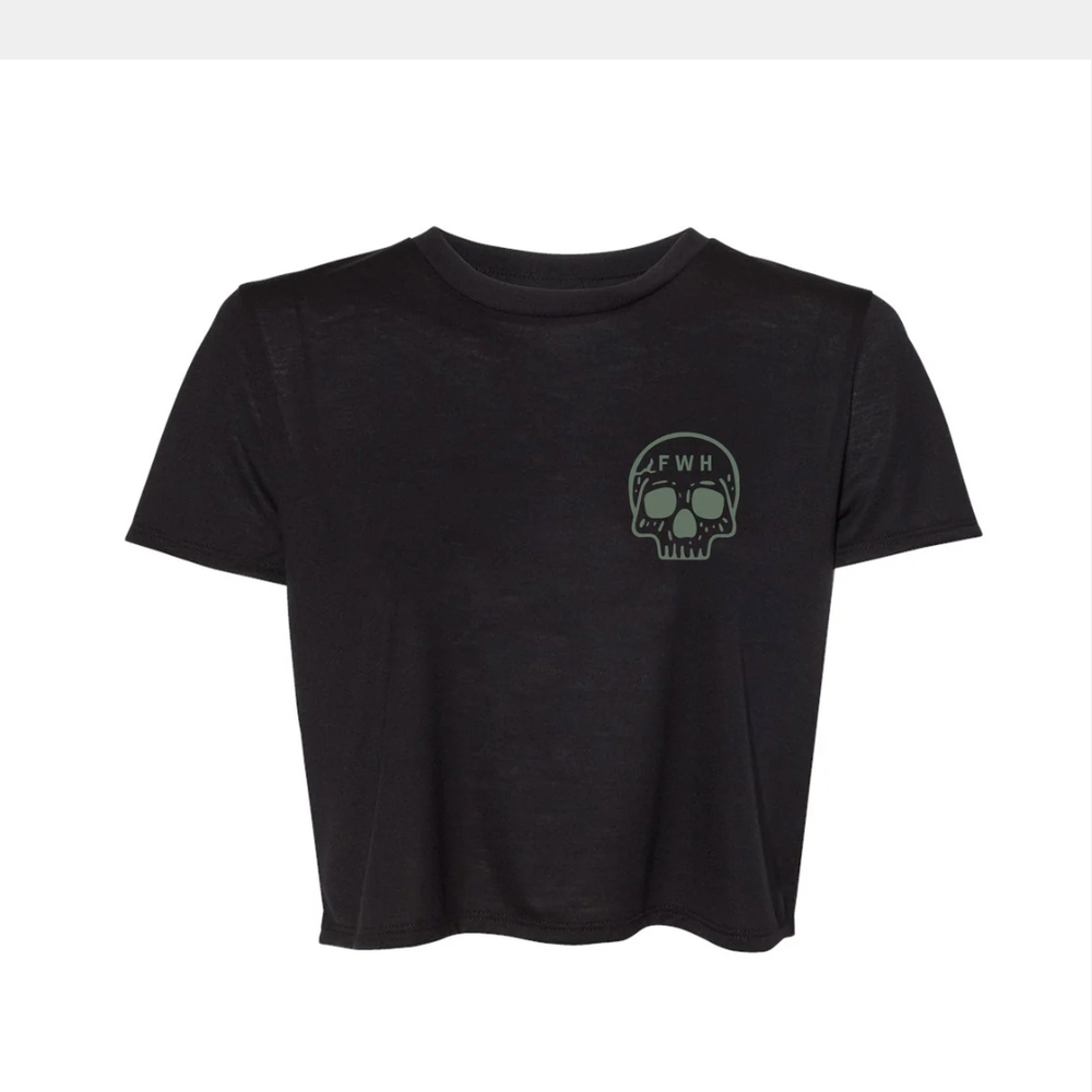 Black Crop Top with Skull Graphic and Crew Neck